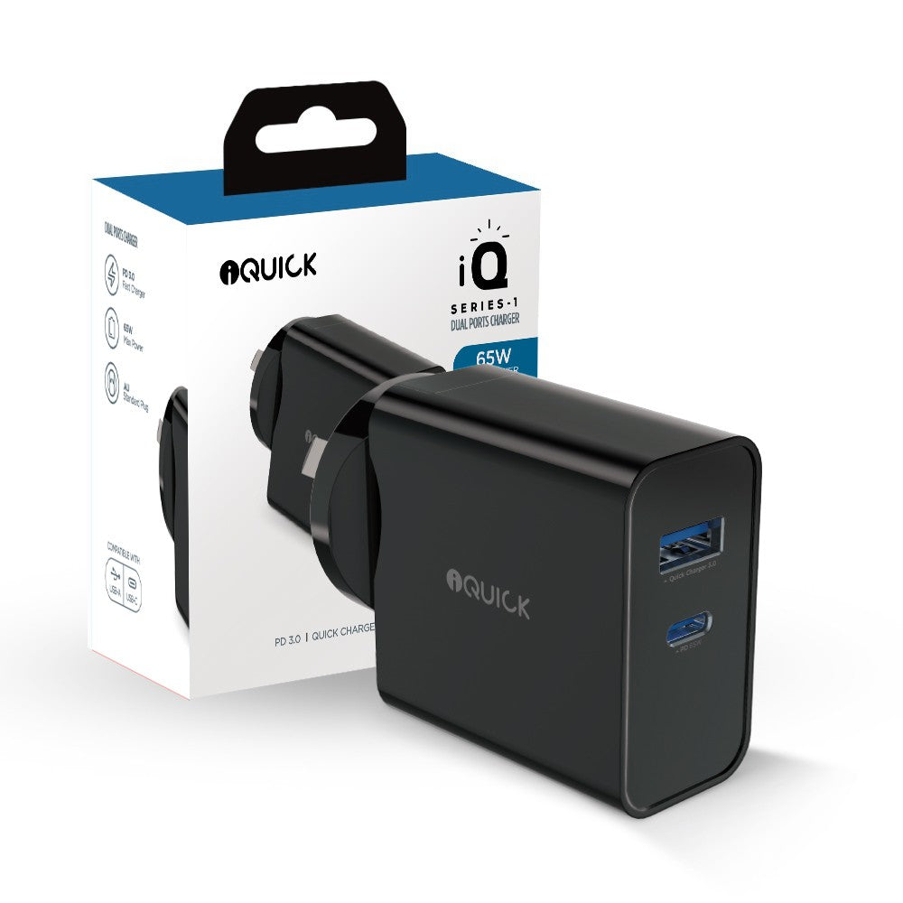 IQUICK BLK GAN 65W PD3.0 QC3.0 CHARGING ADAPTER IQUICK - Black