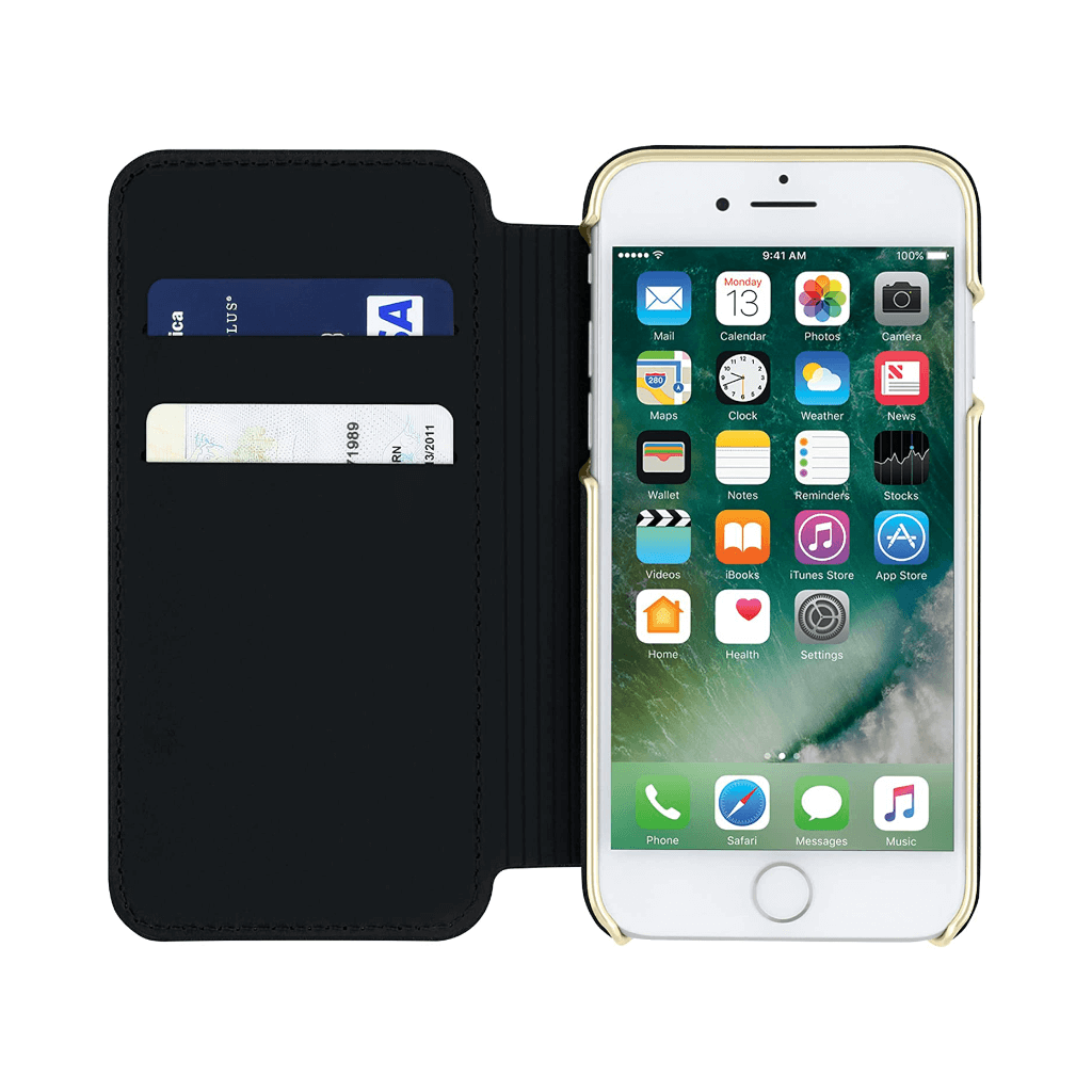 House of Harlow 1960 Black Leather Wallet/Gold Metallic Case for iPhone 7/8/SE (2020)