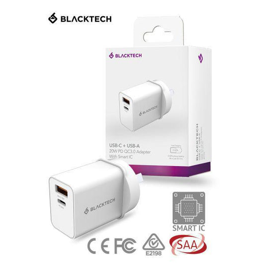 BLACKTECH 20W PD QC3.0 Adapter With Smart IC - White (SAA APPROVED Australia Safety Product)