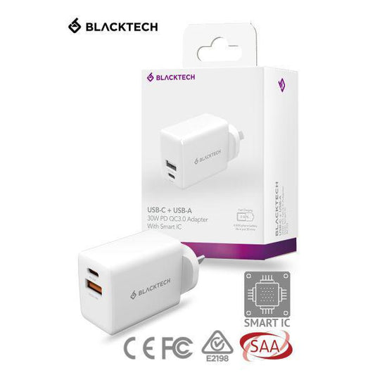 BLACKTECH 30W PD QC3.0 Adapter With Smart IC - White (SAA APPROVED Australia Safety Product)